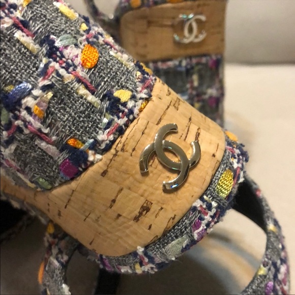 Chanel Chain Blue Grey Tweed Cork Wedges 40 10 - excellent condition - Picture 3 of 5